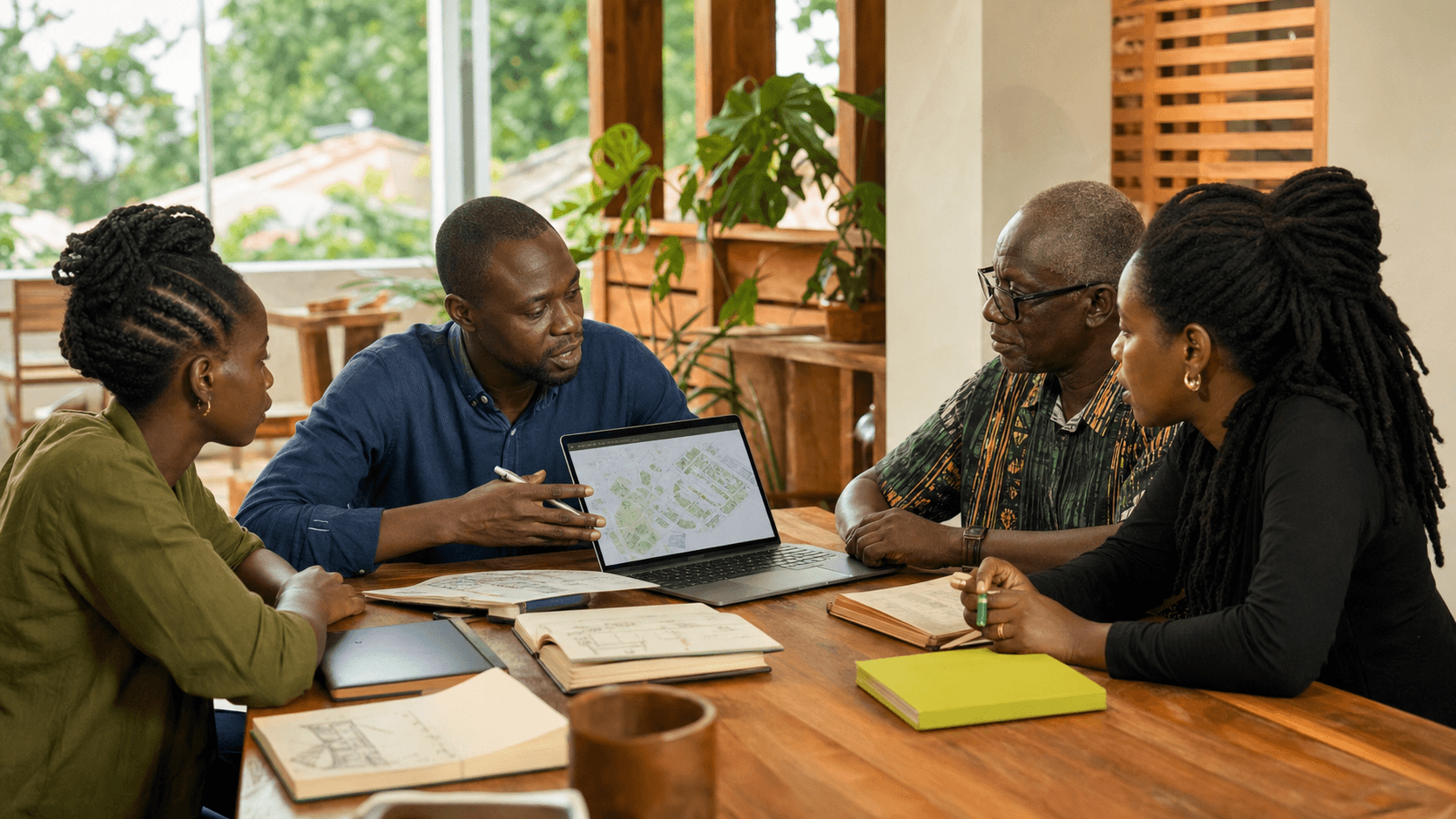 Ghanaian professionals collaborating around a development plan